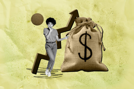 Full 3d art collage of happy businessman businesswoman stand arrow progress dollar bag capital currency income usd budgetの写真素材