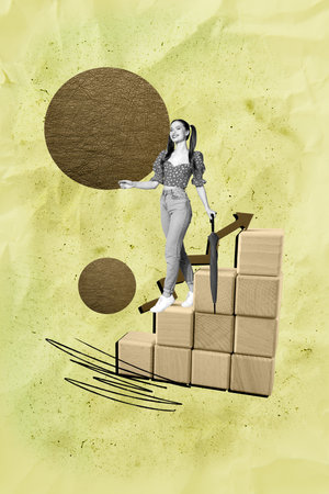 Image pop vertical zine collage of happy businessman businesswoman stand arrow development career chance promotion employeeの写真素材