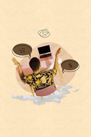 Pop collage of person use computer on pastel color background speaking textbox with formula percentageの写真素材