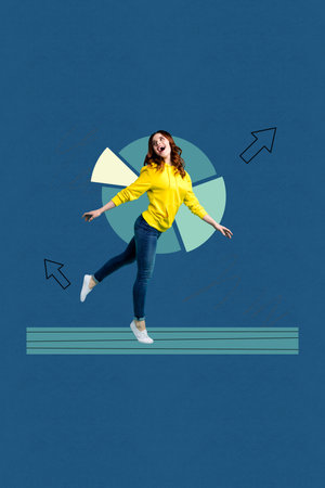 Creative pop collage of person stand front drawing pie chart with arrows pointers on blue backgroundの写真素材