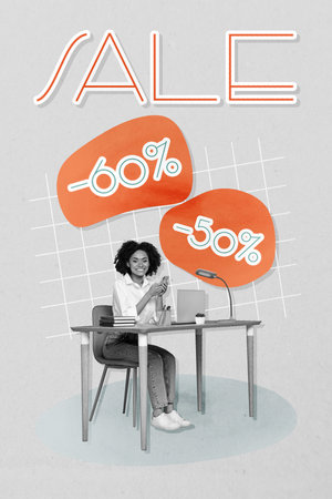 Trend 3D collage of young lady work laptop office manager shopaholic client order seller purchase advertisement promotion discountの写真素材