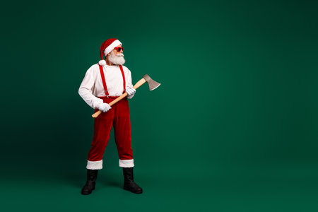 Funky Santa Claus holding an axe with confidence in a festive green background, conveying humor and holiday cheerの写真素材