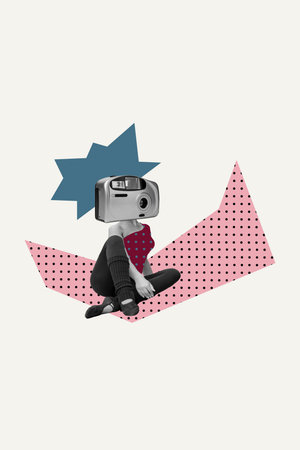 3d vertical picture collage of headless woman guy stand camera shooting device photographer zoom capture paparazzi hobbyの写真素材