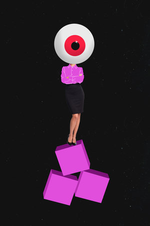 Banner trendy 3d photo collage of anonym girl instead head cyclops eyeball stare cartoon character observer businessの写真素材