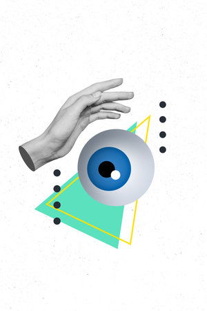 Trend artwork composite photo collage design of symbol hand body language showing gesture hold third eye watch focus vision illustrationの写真素材