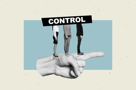 Full trendy image 3d collage poster of human hand point business people girls guys caricature marionetteの写真素材