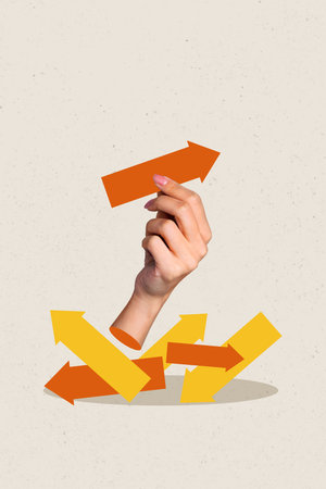 Composite art 3d creative image collage of business hand arrow development path direction success statistics growth road signの写真素材