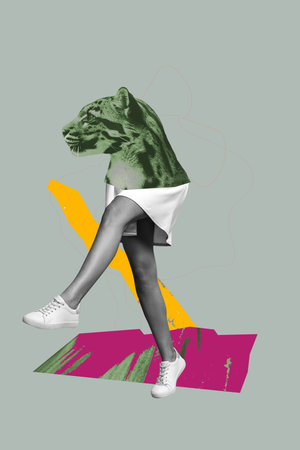 Vertical image sketch vertical collage of anonym girl instead head cat avatar wild animal zoo shelter gepard adoption safariの写真素材