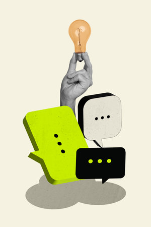 Trend artwork design collage sketch of hand hold idea bulb light message notification sms messenger mind startup puzzle decision brilliantの写真素材