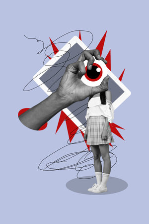 Trendy art creative image photo collage of anonym girl stand tablet hand show eyeball instead head cyberattack antivirus appの写真素材