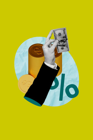 Exclusive sketch image banner collage of human hand hold dollar banknote percent statistics progress income coin savingsの写真素材
