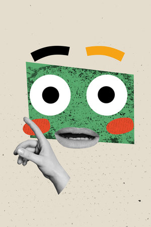 Artwork 3D collage trend template of portrait face eyes watch shocked hand finger up mouth open cartoon character mood sketch expressionの写真素材