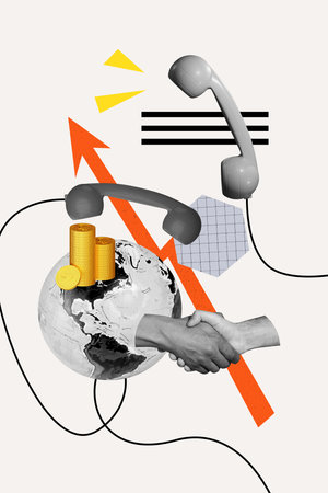 Composite collage of hand hold together done success handshake landline phone worldwide connection money finance budget earnings dollarsの写真素材