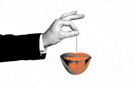 Creative image poster banner 3d collage photo of human hand hold rope mouth news propaganda conceptの写真素材