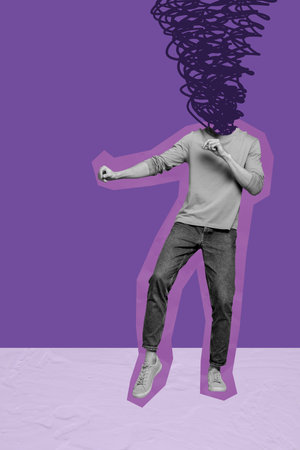 Poster image art pop trend collage of anonym man instead head doodle scribble tiredness mood melancholy mess loaded thoughtsの写真素材