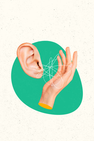 3d sketch image photo collage of ear hand palm body element gossip rumor listen conceptの写真素材