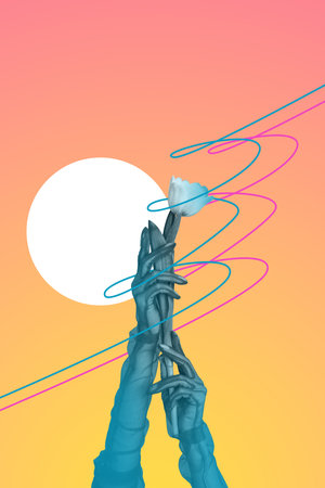 Poster image vertical photo collage of hands wear glove hold tulips flower bunch bouquet spring woman day celebration eventの写真素材