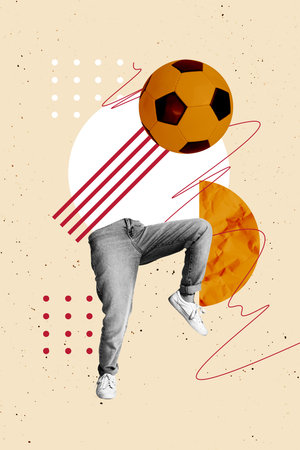 Vertical composite image collage of anonym invisible bodyless man push football ball soccer tournament activity match sportの写真素材