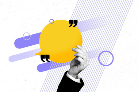Image poster 3d banner collage of human hand hold bubble communication chatterbox icon dialogue phrase speech conceptの写真素材