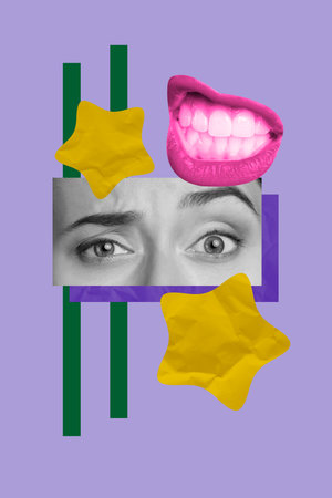 Trendy 3d poster artwork photo collage of female eyeball stare mouth star progress aim achievement...