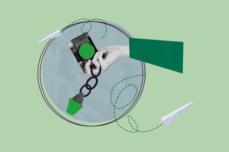 Trend collage of person hand hold chain with photo camera on green backgroundの写真素材