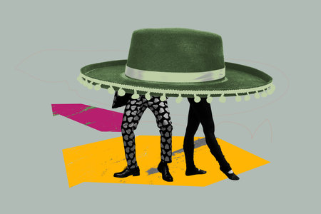 Trendy art creative full zine photo collage of two anonym female male legs bodyless mexican sombrero hat carnival summer holidayの写真素材