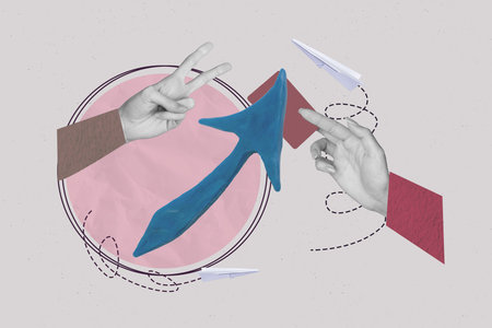 Image art collage of hand gesture v sign with arrows going up on grey background