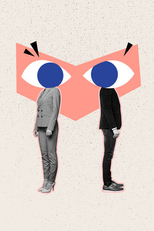 Trendy art vertical 3d photo collage of two anonym girl guy instead head eyeball stare esoteric safetyの写真素材