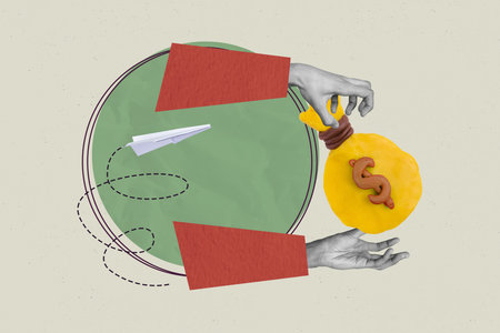 Pop poster collage of hand gesture with money bag on pastel backgroundの写真素材