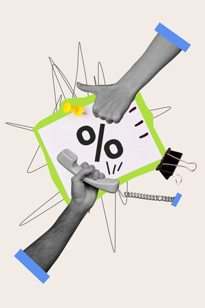 Creative 3D photo collage artwork template of checklist correct symbol right correct hand show gesture thumb success phone callの写真素材