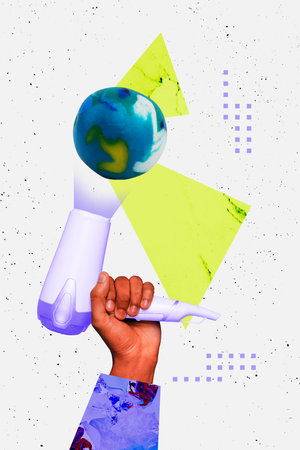 Template sketch image artwork collage of hand hold air fan blow hot weather earth conservation world...