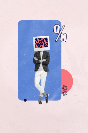 Trend creative collage of person with pc computer stand crossed hands face screen percent on pink...