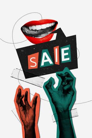 Sketch banner vertical photo collage of happy mouth speak bubble sale promo market discount hands catch coupon shopaholicの写真素材