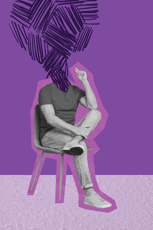Vertical image art pop trend collage of incognito man instead head scribble doodle brainstorm loaded mess thoughts depressionの写真素材