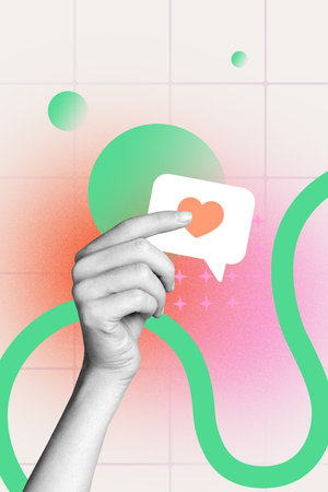 Exclusive image art pop trend collage of human hand hold like reaction notification popular blogger...