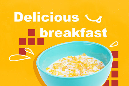 Trend artwork sketch design montage 3D collage of delicious breakfast dish bowl milk cornflakes...