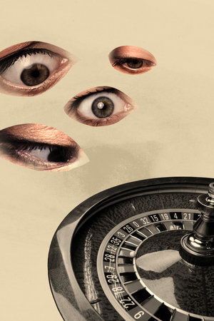 Trendy artwork vertical photo collage of eyeball stare poker game roulette table winning jackpot joker supervisionの写真素材