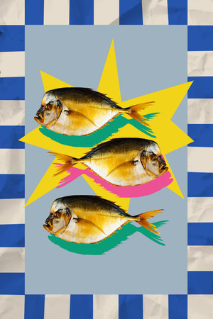 Trend artwork composite banner 3D photo collage of three sea product fish shadow silhouette eat food kitchen dinner cook restaurantの写真素材