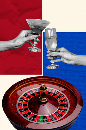 Vertical photo banner image 3d collage of human hands hold champagne martini glass toast celebration poker winning tableの写真素材