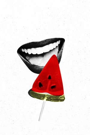 Vertical 3d creative poster art collage of happy mouth lick watermelon candy sugar dessert nutrition lollipopの写真素材