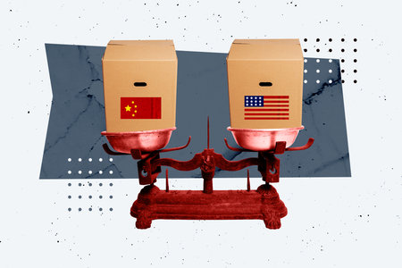 3D collage design composite artwork sketch of geo politics national government international relations scales hols two box china usa flagの写真素材