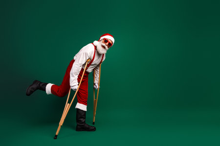 Santa Claus with crutches on a green background, embracing humor and resilience this festive seasonの写真素材
