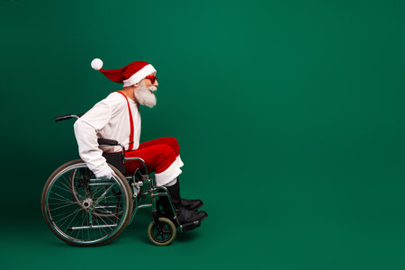 Santa Claus in a wheelchair against a festive green background in winter wearing a traditional Christmas costumeの写真素材