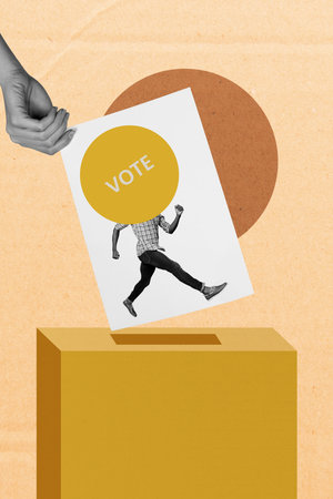 Vertical image trend pop zine photo collage of citizen girl guy stand vote box hand throw ballot president election governmentの写真素材
