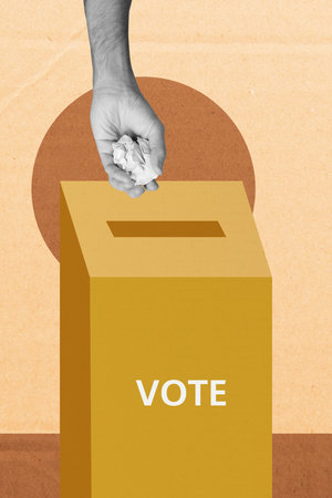 Pop zine sketch artwork collage of hand show election box container ballot president decision concept government rights choiceの写真素材