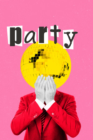 Art sketch 3d image banner collage of party rest night occasion nightclub headless man dance disco ball instead glitter suitの写真素材