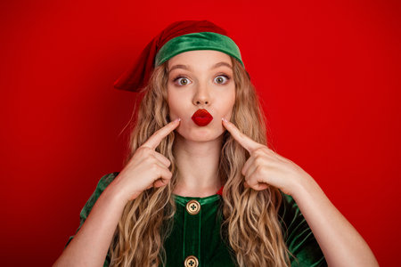 Cheerful young woman in playful elf costume posing against festive red background, radiating holiday spirit and joyの写真素材