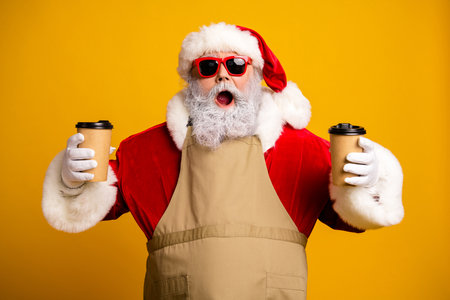 Santa Claus holds coffee cups, dressed in festive outfit with sunglasses, posing against yellow background with surpriseの写真素材