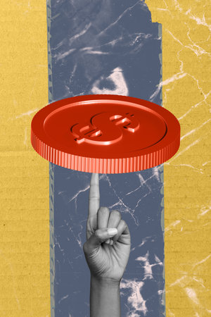 Template poster trend artwork 3D photo collage of body language hand gesture sign finger touch coins budget money economy marketの写真素材