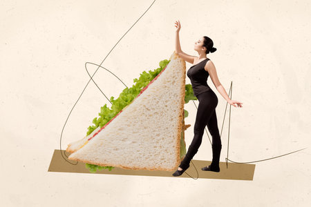 Creative picture collage of person stand dance near big snack sandwich on pastel backgroundの写真素材